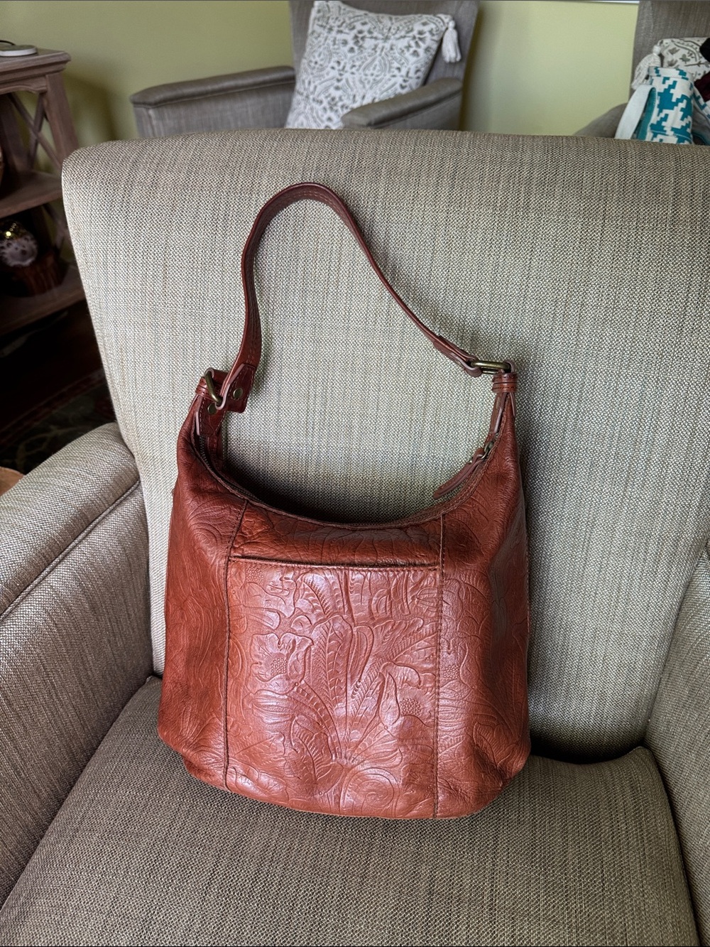 Embossed Leather Shoulder Bag - Chestnut Brown
